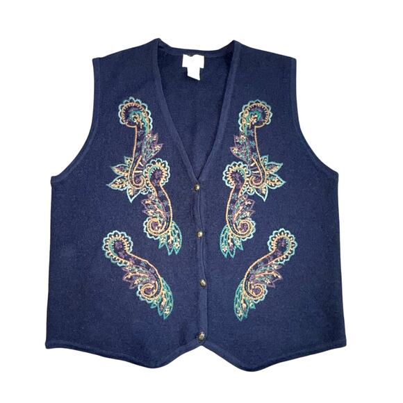 Vintage Koret Women's Medium Pure Wool Cardigan Sweater Vest Embroidery V-Neck - Picture 1 of 6